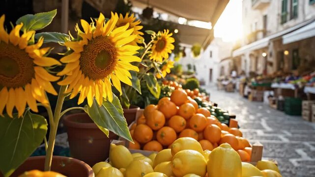 Vibrant outdoor market stall, fresh oranges and lemons display, bright sunflowers, European street, golden sunlight warmth.