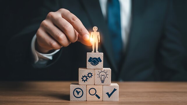 Businessman placing a small human figure on a pyramid of business icon blocks success