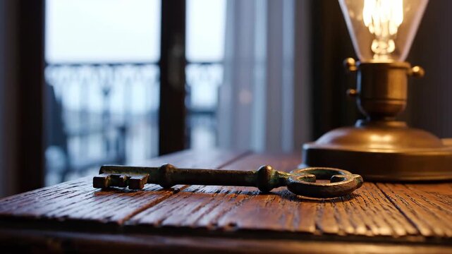 Antique brass key rests on rustic wooden table, soft light from vintage lamp illuminates object, blurred outdoor view provides backdrop.