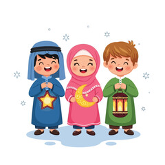 Joyful Muslim children in traditional dress celebrate Eid or Ramadan, holding symbolic star, crescent moon, and lantern, embodying happiness, faith, and cultural spirit
