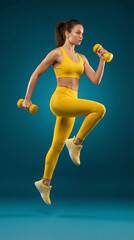Dynamic Workout: A woman in vibrant yellow activewear, executing a dynamic workout with dumbbells in a studio setting, embodies strength and fitness.