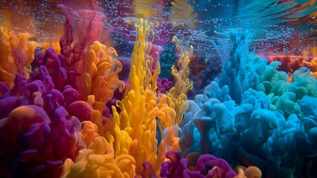 Vibrant colorful ink clouds floating in water