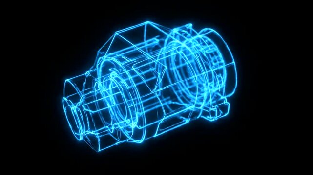 Blue Neon Wireframe Lens Focusing Light Beams on Black Background.