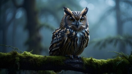 Obraz premium Ancient Owl Resting on Mossy Branch in Misty Moonlit Forest