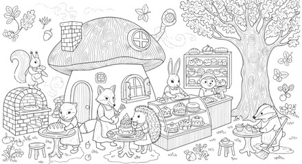 Whimsical Forest Bakery with Woodland Animals Baking and Selling Treats Coloring Page © marjan