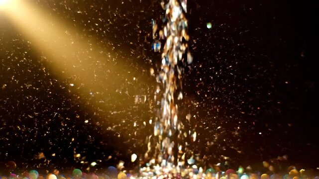 Shimmering colorful glitter particles falling against dark background illuminated by vibrant golden light ray creating bokeh effect with sparkle