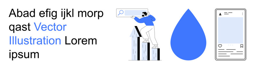 Data analytics, digital marketing, progress tracking, online tools, communication platforms, app design. Person researching data, blue drop chart and phone screen. Data analytics and progress
