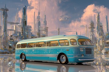 Obraz premium A vision of the future with a retro-futuristic cityscape featuring an elongated vintage bus.
