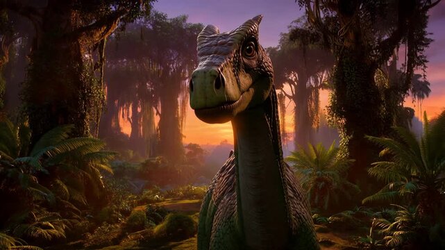 Dilophosaurus portrait in jungle at sunset prehistoric wildlife scene