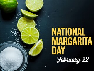 National margarita day concept with limes and salt on dark background