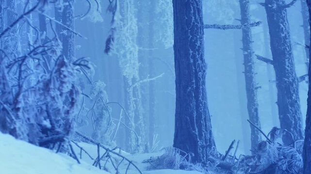 Frozen pine trees covered in snow and surrounded by drifting fog. Moody winter landscape with textured branches, natural stillness and ethereal forest ambience.