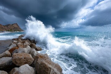Fototapeta premium Dramatic ocean waves crashing on rocks under stormy sky