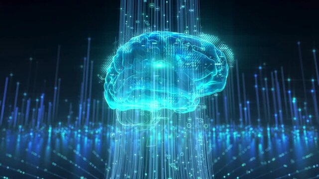 An abstract human brain glowing with blue energy and lightning patterns illustrates a futuristic medical technology concept within a digital globe map and computer science space