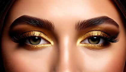 Obraz premium Close-up of a woman's eyes adorned with luxurious shimmering gold eyeshadow and dramatic false eyelashes, highlighting the beauty of makeup artistry