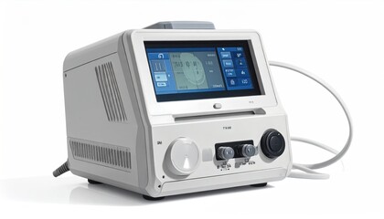 Obraz premium A white medical device with a touchscreen display, knobs, and connection ports