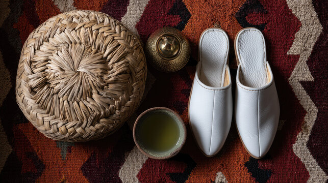Moroccan babouche leather slippers displayed on traditional patterned rug with woven basket brass container and cup of green tea creating cozy atmosphere