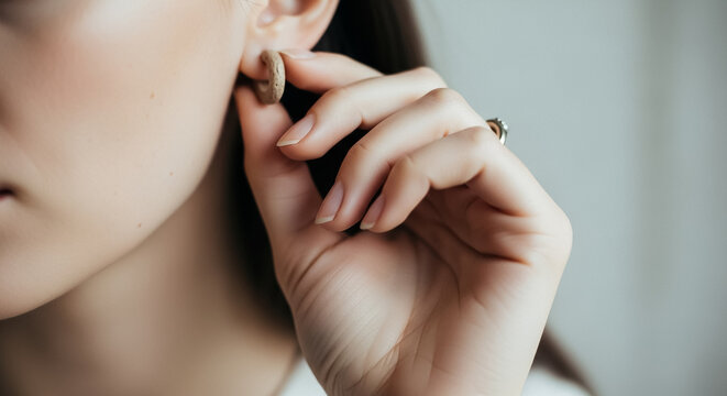 Woman uses her hand to carefully place a small, light-colored stud earring into her earlobe during a morning preparation routine.
