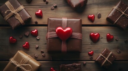 valentines day chocolate gift boxes with red hearts on rustic wooden background