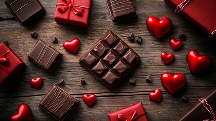 valentines day chocolate gift boxes with red hearts on rustic wooden background