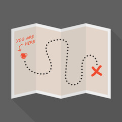 Minimalist folded adventure map with "You Are Here" marker and dotted route. Vector illustration for themes of travel, navigation, treasure hunting © Milatz