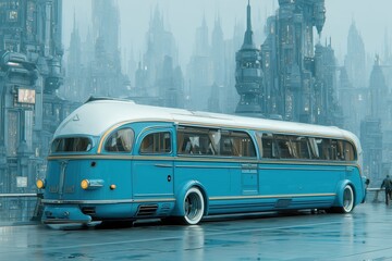 Obraz premium A vision of the future with a retro-futuristic cityscape featuring an elongated vintage bus.