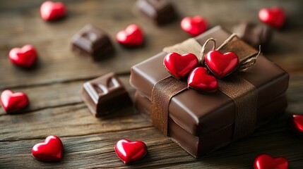 valentines day chocolate gift boxes with red hearts on rustic wooden background