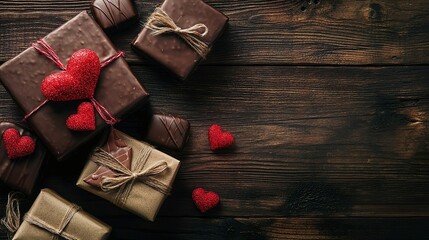 valentines day chocolate gift boxes with red hearts on rustic wooden background