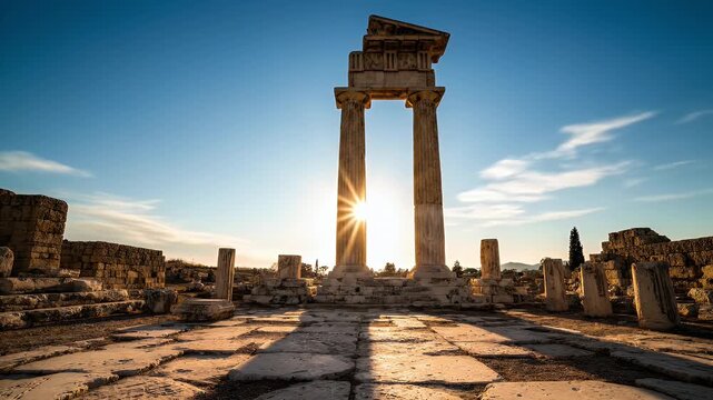 Ancient Greek ruins bathed in the warm glow of a setting sun