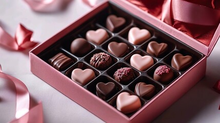 assorted heart shaped chocolates in pink gift box for valentines day