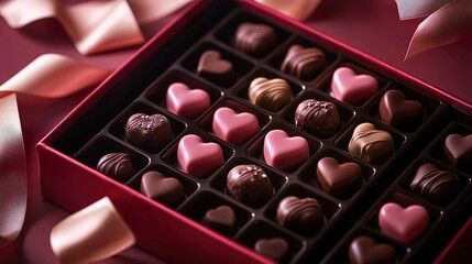assorted heart shaped chocolates in pink gift box for valentines day