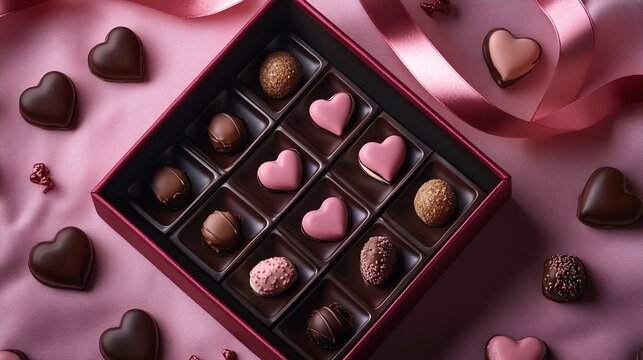 assorted heart shaped chocolates in pink gift box for valentines day