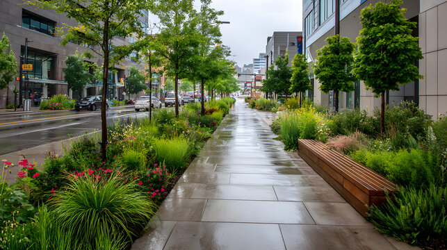 A Modern Urban Streetscape Featuring Rain Gardens and Bioswales for Stormwater Management