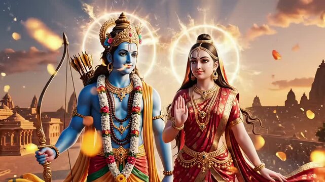Divine motion scene of Lord Rama with Sita moving through ancient temple city glowing aura spiritual devotion and sacred atmosphere during Ram Navami