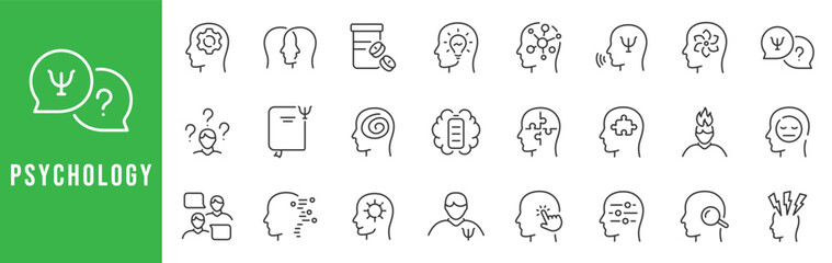 Fototapeta premium Outline psychology icon set illustrating mental health, therapy, cognition, emotions, and behavioral analysis