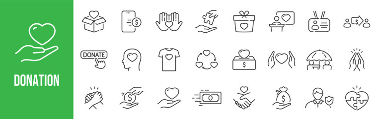 Outline donation icon set illustrating charity, giving, fundraising, compassion, and community support, designed with clean editable stroke line icons for modern UI, web, and app design projects. © tutti_frutti