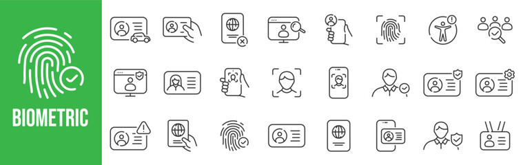 Fototapeta na wymiar Outline biometric icon set featuring fingerprint, face recognition, identity verification, and secure authentication for modern UI, web, app, and digital security design.