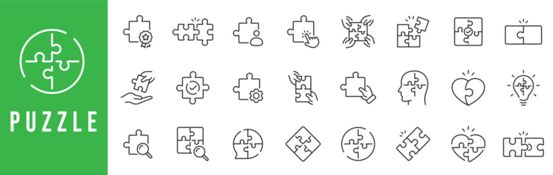 Outline puzzle icon set illustrating problem solving, logic, teamwork, and creative thinking concepts, featuring editable stroke line icons for modern UI, UX, and business design projects.