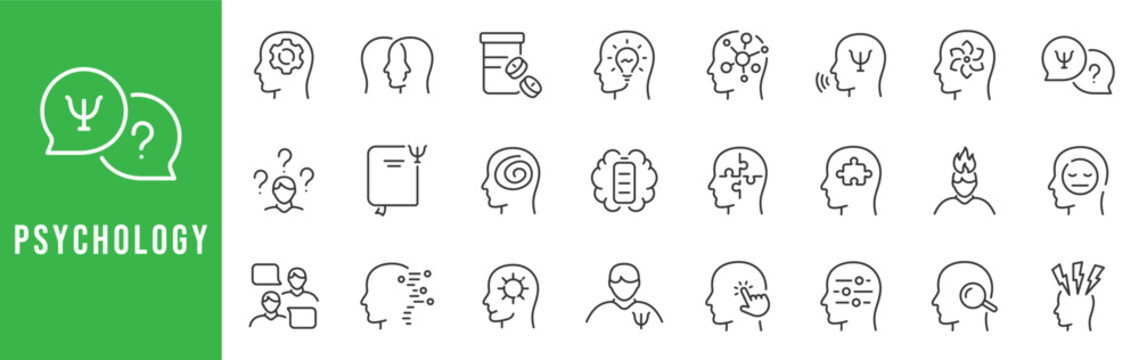 Outline psychology icon set illustrating mental health, therapy, cognition, emotions, and behavioral analysis