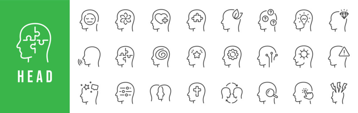 Outline head icon set representing mind, psychology, thinking, emotions, ideas, creativity, and mental processes