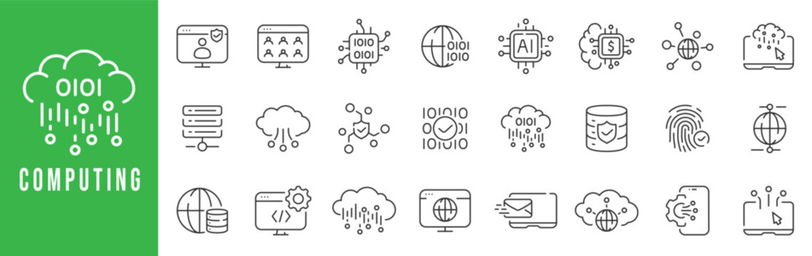 Computing icon set representing cloud computing, AI, data processing, networking, and modern digital infrastructure, designed in a clean outline style for technology, software, and IT projects.