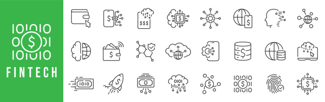 Outline fintech icon set illustrating digital finance, banking, payments, blockchain, data analytics, and secure money technology for modern UI, web, and app design.