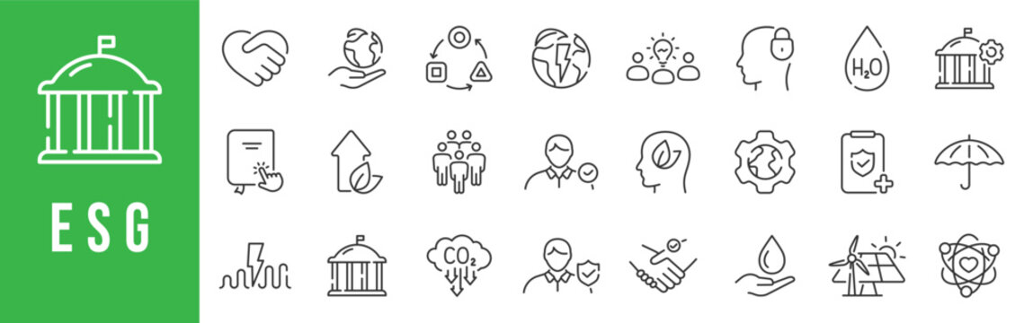 ESG icon set illustrating sustainability, environmental responsibility, social impact, and corporate governance concepts in clean outline style for finance and business use.
