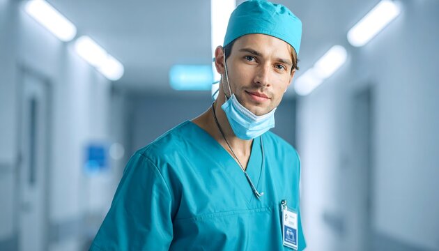 Profesional sanitario con gorro quir&uacute;rgico y mascarilla bajada en pasillo hospitalario moderno