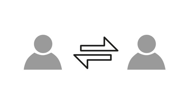 Two people silhouettes with exchange arrows animation on white background. Concept of communication, social interaction, and trade.