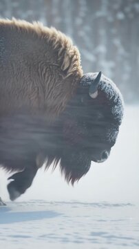 Side profile tracking shot of bison walking into fierce winter wind with mane blowing back and snow streaks emphasizing storm power