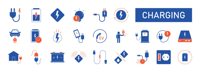 Charging icon set. Containing charge, battery, energy, electricity, charger, recharge, electric car and charging station icons. Solid icon collection. Vector illustration.