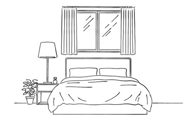 ベッドと照明のある寝室の線画イラスト