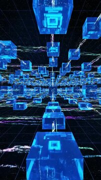 An immersive visualization of a digital data network with glowing blue cubes representing data flow in a high-tech interconnected cyberspace environment
