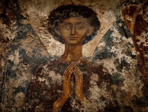 Black angel praying on weathered mural, ancient religious art, spiritual fresco with faded earth tones