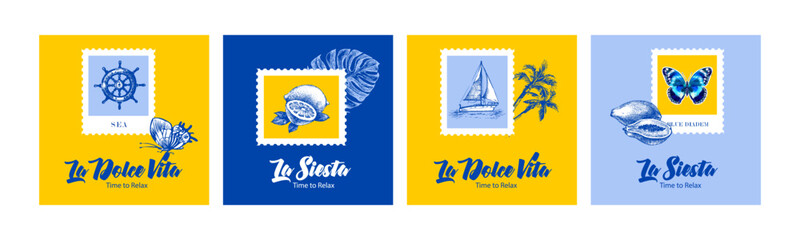 Vintage summer Italian Mediterranean coastal postage stamp set. Hand drawn vector illustration. Amalfi sketch and watercolor beach vacation design. © pim